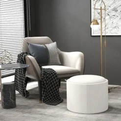 Rootz Living Sittpuffar>Rootz Pall - Stoppad pall - Linne - Dold förvaring - Vändbart lock - Kräm + Natur - 5,6 cm x 56 cm x 42 cm