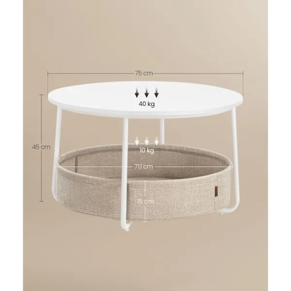 Rootz Living Soffbord>Rootz sidobordsset - Ändbord - Tygkorg - Förvaringslösning - 75 cm x 45 cm - 71,5 cm x 15 cm - Matt vit - Kamelbrun