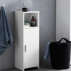 Rootz Living Skåp>Rootz skåp 30 x 95,5 x 30 cm vitt trä med dörr och förvaringsfack Litet badrumsskåp sidoskåp stående - Badrumshylla smal fristående badrumsbyrå - badr | Fyndiq