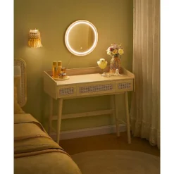 Rootz Living Sminkbord>Rootz Sminkbord med spegel och belysning - Sminkbord - Ben i massivt trä - MDF - Ek Beige - 43cm x 90cm x 82cm