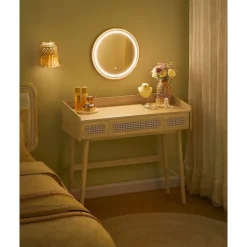 Rootz Living Sminkbord>Rootz Sminkbord med spegel - Sminkbord - Sminkbord - LED-belysning - 43 cm x 90 cm x 82 cm - Ben i massivt trä - MDF - Spånskiva