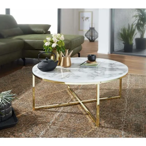 Rootz Living Soffbord>Rootz soffbord 80x36x80 cm med marmorlook vit - Vardagsbord med metallstomme - Soffbord runt bord vardagsrum - Sidobord