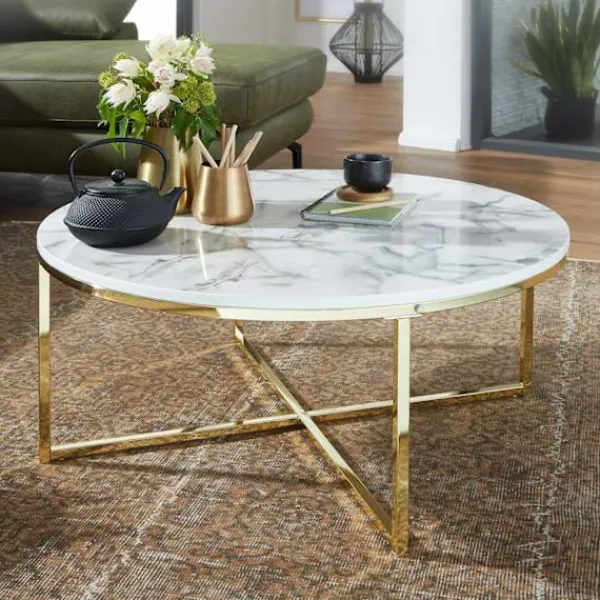 Rootz Living Soffbord>Rootz soffbord 80x36x80 cm med marmorlook vit - Vardagsbord med metallstomme - Soffbord runt bord vardagsrum - Sidobord