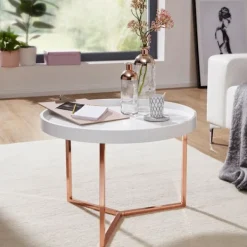 Rootz Living Soffbord>Rootz soffbord 58,5x42x58,5cm vitt - koppar soffbord metall runt - Designer retro soffbord modernt - Litet loungebord med metallram - Runt brickbord m | Fyndiq