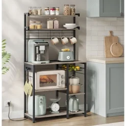 Rootz Living Köksö>Rootz stående hylla med uttag och korg - Greige fläckig - Bläck svart - Spånskiva - Stål - 40cm x 90cm x 165,5cm - 19,2kg. Idealisk för organisation | Fyndiq