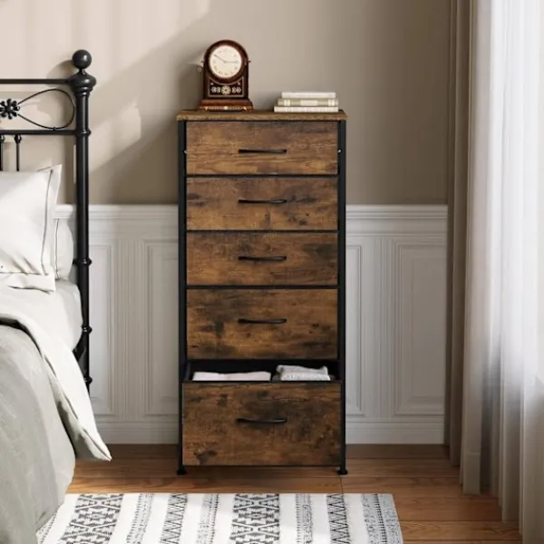 Rootz Living Byråer>Rootz Tyglåda med vintage trälook - Sovrumsbyrå - Skänk med 5 lådor - Organizer - 45,5 x 95,5 x 30 cm