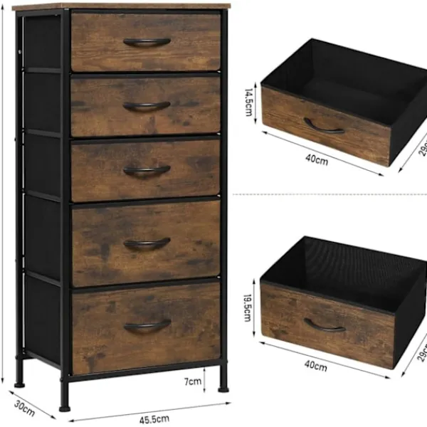 Rootz Living Byråer>Rootz Tyglåda med vintage trälook - Sovrumsbyrå - Skänk med 5 lådor - Organizer - 45,5 x 95,5 x 30 cm