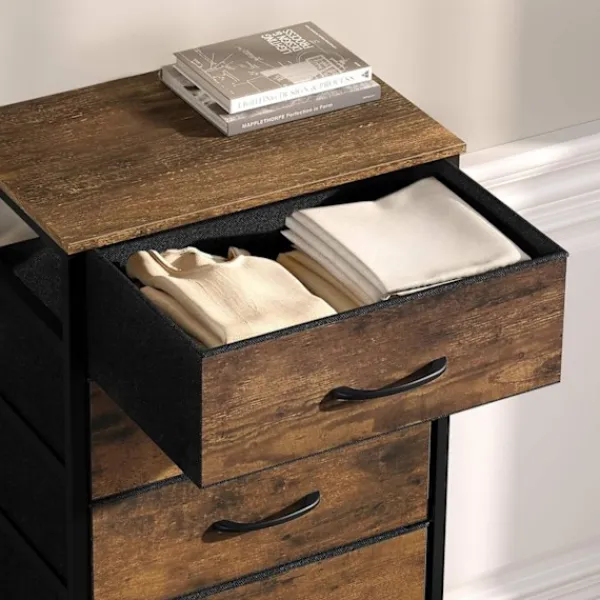 Rootz Living Byråer>Rootz Tyglåda med vintage trälook - Sovrumsbyrå - Skänk med 5 lådor - Organizer - 45,5 x 95,5 x 30 cm