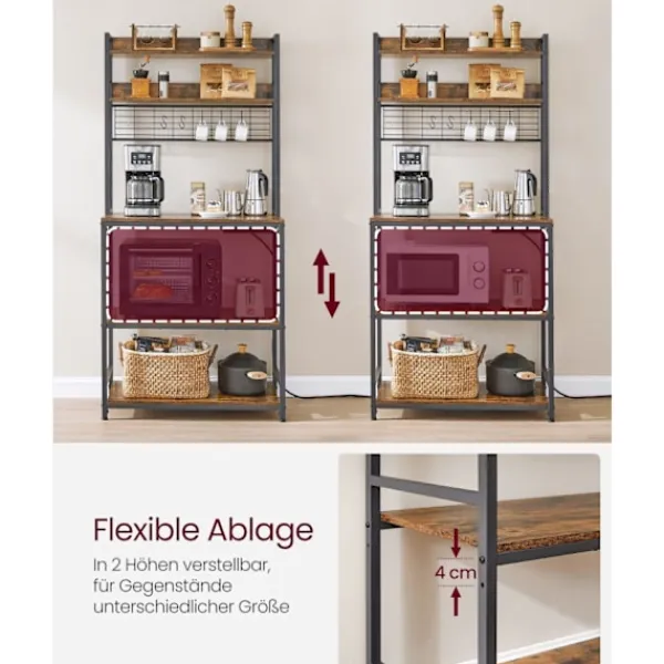 Rootz Living Köksö>Rootz Vintage Brun-svart kökshylla - Vägghylla - Gallerplatta - Spånskiva & stål - 40cm x 80cm x 170cm - Maxbelastning 59kg - Med uttag