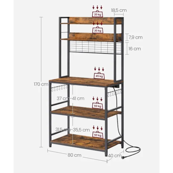 Rootz Living Köksö>Rootz Vintage Brun-svart kökshylla - Vägghylla - Gallerplatta - Spånskiva & stål - 40cm x 80cm x 170cm - Maxbelastning 59kg - Med uttag