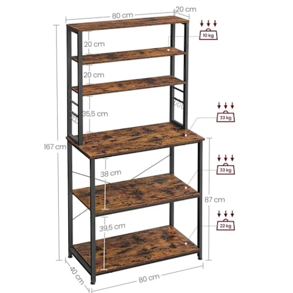 Rootz Living Köksö>Rootz Vintage Brun-svart kökshylla - Skafferi Organizer - Förvaringsställ - Spånskiva och stål - 80 cm x 40 cm x 167 cm - 21 kg - 90 kg Lastkapacitet | Fyndiq