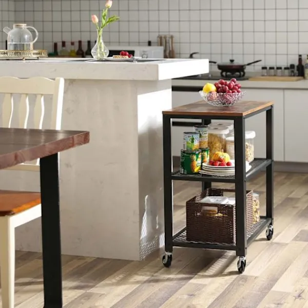 Rootz Living Köksö>Rootz Vintage Brun-svart köksvagn - Rullvagn - Förvaringsställ - Spånskiva och stål - 60 cm x 77,5 cm x 40 cm - 11,21 kg - 80 kg Lastkapacitet