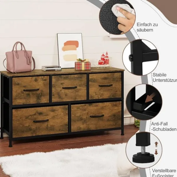 Rootz Living Byråer>Rootz Vintage byrå - Industriellt förvaringsskåp - byrå med 5 lådor - Metallram - 100 cm x 54 cm x 30 cm