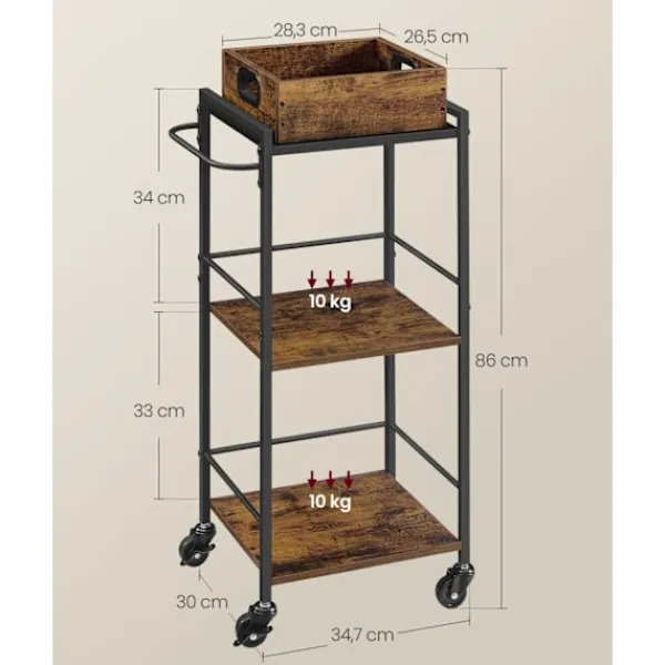 Rootz Living Småbord>Rootz Vintage Serveringsvagn - Barvagn - Rullvagn - Spånskiva och stål - 30 cm x 34,7 cm x 86 cm - Vintage Brun-Svart - 5,3 kg - 30 kg statisk belastn | Fyndiq
