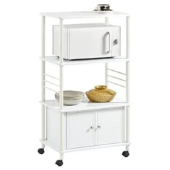 Rootz Living Köksö>Rootz Vit mikrovågshylla - Köksrullad förvaringsvagn - Köksskåp - 3 hyllor + 1 skåp