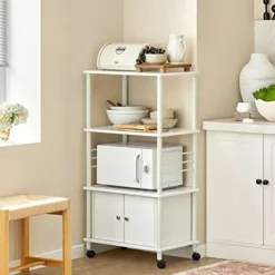 Rootz Living Köksö>Rootz Vit mikrovågshylla - Köksrullad förvaringsvagn - Köksskåp - 3 hyllor + 1 skåp