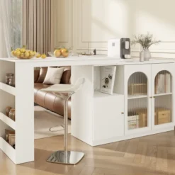 Köksö>Roterande barbord 360°, 120x40x97cm med glasdörr, multifunktionellt förvaringsskåp, vit