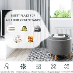 B2X Sittpuffar>Rund pall med förvaringsutrymme & Avtagbart lock rymmer upp till 150 kg Grå fotpall