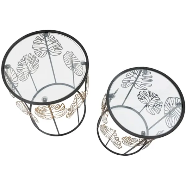 B2X Småbord>Runda glasbord, svart metall, bladguldsdesign