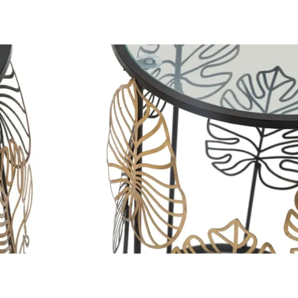 B2X Småbord>Runda glasbord, svart metall, bladguldsdesign