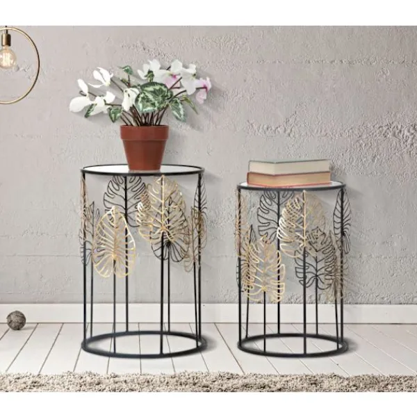 B2X Småbord>Runda glasbord, svart metall, bladguldsdesign