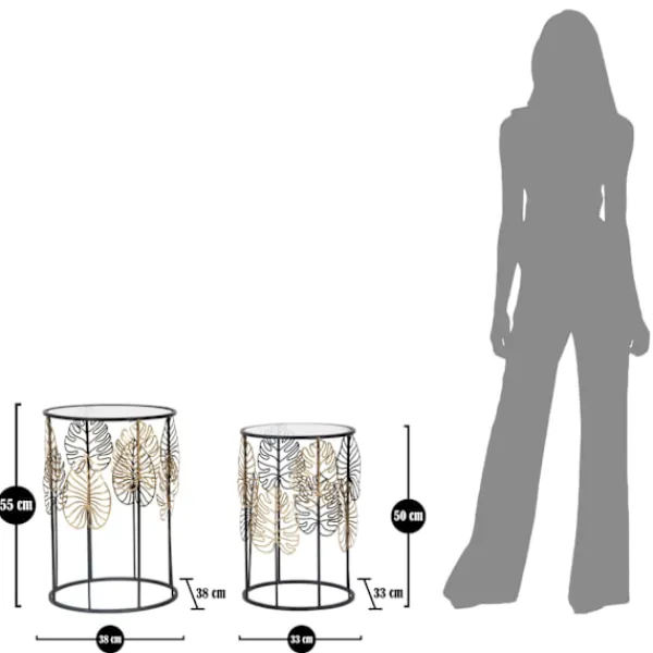 B2X Småbord>Runda glasbord, svart metall, bladguldsdesign