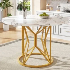 Matbord>Runt matbord 100 cm, marmor MDF-skiva & gyllene geometriska metallben, för 4-6 personer, matsal