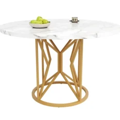 Matbord>Runt matbord 100 cm, marmor MDF-skiva & gyllene geometriska metallben, för 4-6 personer, matsal