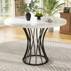 Matbord>Runt matbord 80 cm, marmorerad MDF-skiva, svarta ben, lätt vardagsrumsbord, för 4-6 personer