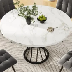Matbord>Runt matbord 80 cm, marmorerad MDF-skiva, svarta ben, lätt vardagsrumsbord, för 4-6 personer