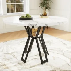 Matbord>Runt matbord 100 cm, marmorskiva, svarta ben, lätt vardagsrumsbord, för 4-6 personer, 76 cm högt