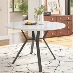 Matbord>Runt matbord 100cm, marmorlook & svart X-ram, modernt soffbord, stabilt, för vardagsrum