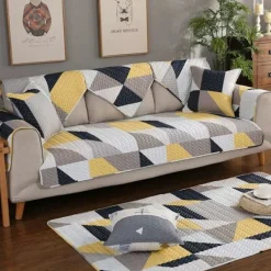 Soffor>Segmenterat soffskydd för hörnsoffa, soffskydd för barn hund katt, geometrisk tryckt bomullssoffa-triangel 110×180cm
