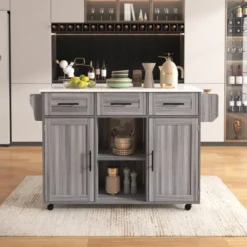 Köksö>Serveringsvagn grå/vit 139x91,5cm – massivt träfanér & marmorplatta – fällbar arbetsyta + förvaringsdörrar