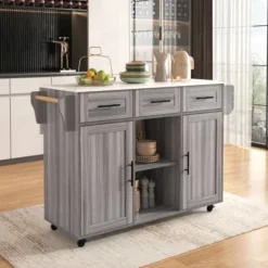Köksö>Serveringsvagn grå/vit 139x91,5cm – massivt träfanér & marmorplatta – fällbar arbetsyta + förvaringsdörrar