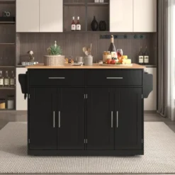 Köksö>Serveringsvagn Svart 120cm – Fällbar bordsskiva & hjul/träben – För kök & matsal