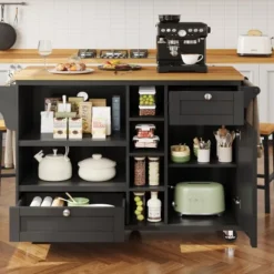 Köksö>Serveringsvagn svart (129x46x92 cm) – köksvagn med lådor, förvaringsskåp & ljusbrun träpanel, mobil
