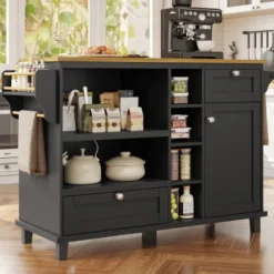 Köksö>Serveringsvagn svart (129x46x92 cm) – köksvagn med lådor, förvaringsskåp & ljusbrun träpanel, mobil
