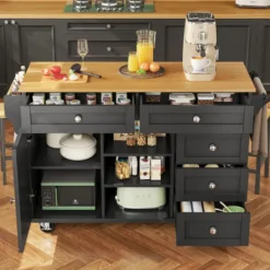 Köksö>Serveringsvagn (134x46x92 cm) – mobil köksvagn med lådor & förvaringsskåp, dubbel användning för hemmakök