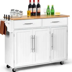 Sideboards>Serveringsvagn/Köksvagn på hjul 122x46x92,3CM i trä med justerbar hylla Handdukshållare Knivhållare Vit