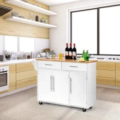 Sideboards>Serveringsvagn/Köksvagn på hjul 122x46x92,3CM i trä med justerbar hylla Handdukshållare Knivhållare Vit