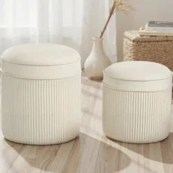 Northio Pallar>Set med 2 förvaringsfotpallar, rund sammet, krämfärgad, 36x36x41,5 cm