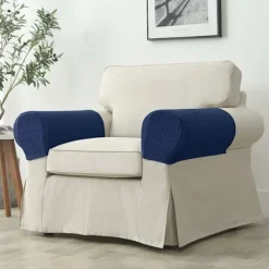 Soffor>Set med 2 halkfria jacquard stretchiga soffarmstödsöverdrag Predector armstödsöverdrag för vilstol marinblå