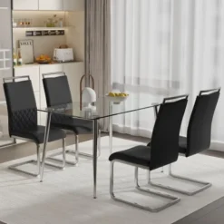 Matgrupper>Set med 4 högryggade matstolar tillverkade av PU-läder och linne, horisontell randdesign för kök/kontor, svart