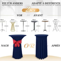 Matbord>Set med 2 mörkblå överdrag för höga bord, bordsduk för ståbord 80 x 110 cm, marinblå bordsduk med plisserad kjol_YF_YF