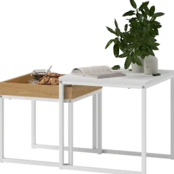 Northio Soffbord>Set med 2 soffbord, fyrkantiga sidobord, soffbord med stålstomme, soffbord i modern design, för vardagsrum, bärförmåga upp till 30 kg, vit + ek