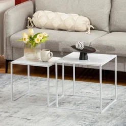 Northio Soffbord>Set med 2 soffbord, fyrkantiga sidobord, soffbord med stålstomme, soffbord i modern design, för vardagsrum, bärförmåga upp till 10 kg, vit