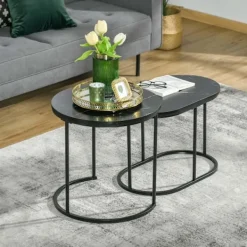 Northio Soffbord>Set Med 2 Soffbord Runt Ovalt Beställningsbord Soffbord Stapelbart Med Konstmarmorsida Upp Till 30 Kg Mdf-Stål Svart Ø50 X 50,5H Cm