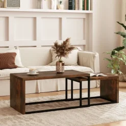 Northio Soffbord>Set med 2 soffbord, soffbord, sidobord, soffbord, olika former, multifunktionellt, elegant, enkelt, metallunderrede, svart och brun