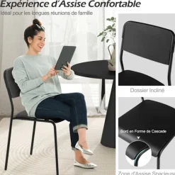 COSTWAY Stolar>Set med 4 stapelbara matsalsstolar MAX kapacitet 180 kg Lutande rygg, metallben, för kök och vardagsrum Svart